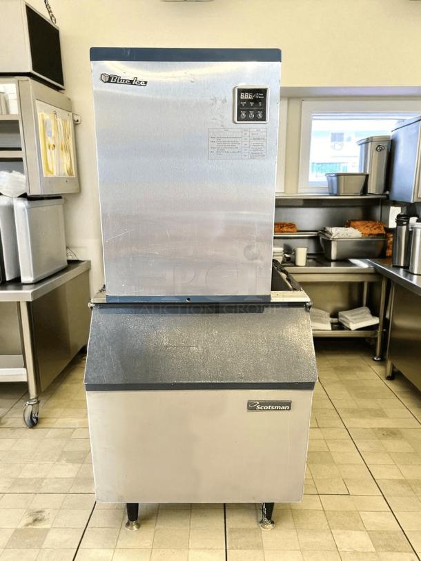 Blue Air BLMI-300A modular ice machine, 340 lbs. production capacity, tested working. Stainless steel finish, visible control panel.