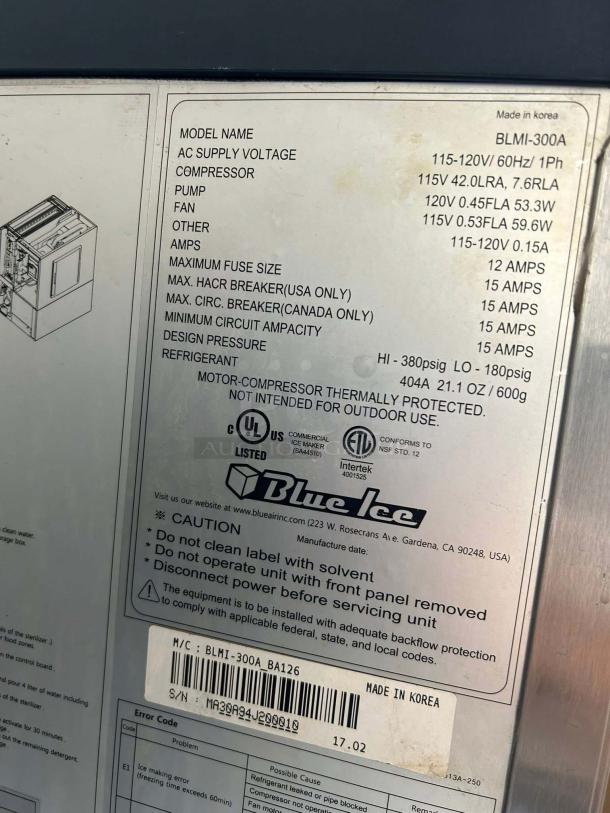 Blue Air BLMI-300A label showing specifications: 115-120V, 60Hz, 1Ph, 12 AMP max fuse, UL listed, made in Korea.