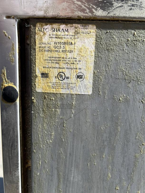 Alto-Shaam QC3-3 Quickchiller label showing model, serial number, and specifications. Appears worn but legible.