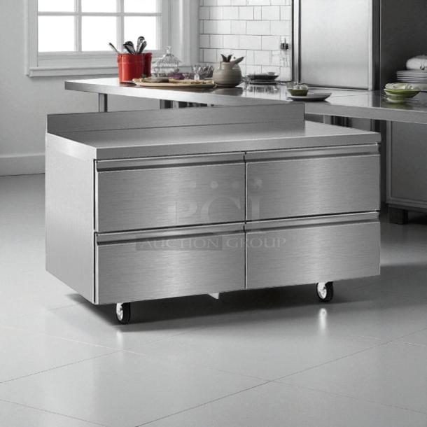 Delfield STD4464NP worktop refrigerator, stainless steel, 60 1/8" with 4 drawers, 4" backsplash, tested and working.