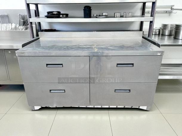 Delfield STD4464NP Worktop Refrigerator, 60 1/8", 4 drawers, 4" backsplash, stainless steel, tested, working condition.