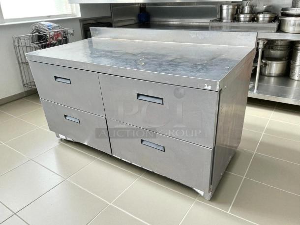 Delfield STD4464NP 60 1/8" worktop refrigerator, 4 drawers, 4" backsplash, excellent condition, tested, stainless steel.
