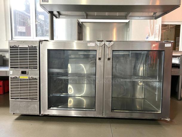 Glastender LP60-L1-XN(LR) stainless steel 60" back bar cooler, dual glass doors, excellent condition, tested working.