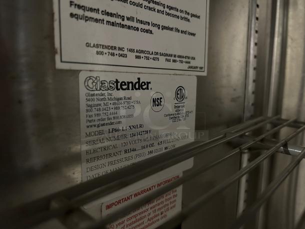 Glastender LP60-L1-XN(LR) back bar cooler label; stainless steel, tested working; includes electrical and refrigerant specs.
