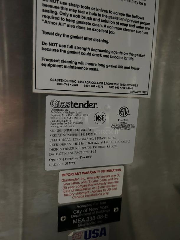 Glastender ND52-L1-GN(LR) back bar cooler label, showing specs and warranty details. Model tested, working, great condition.