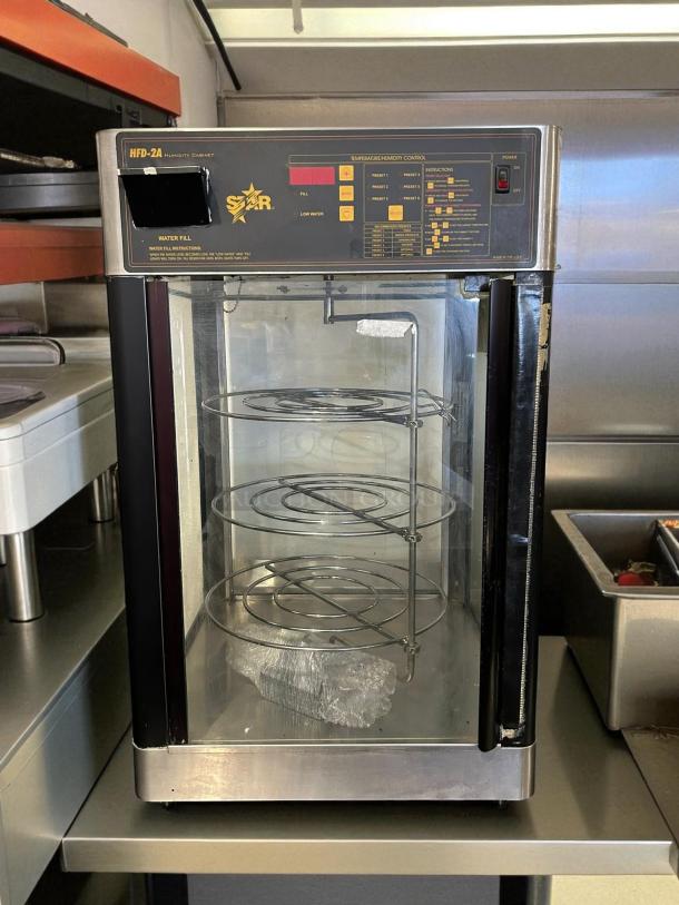 Star Mfg HFD-2A heated display case, countertop model with humidity control, tested working, clear front glass, stainless steel finish.