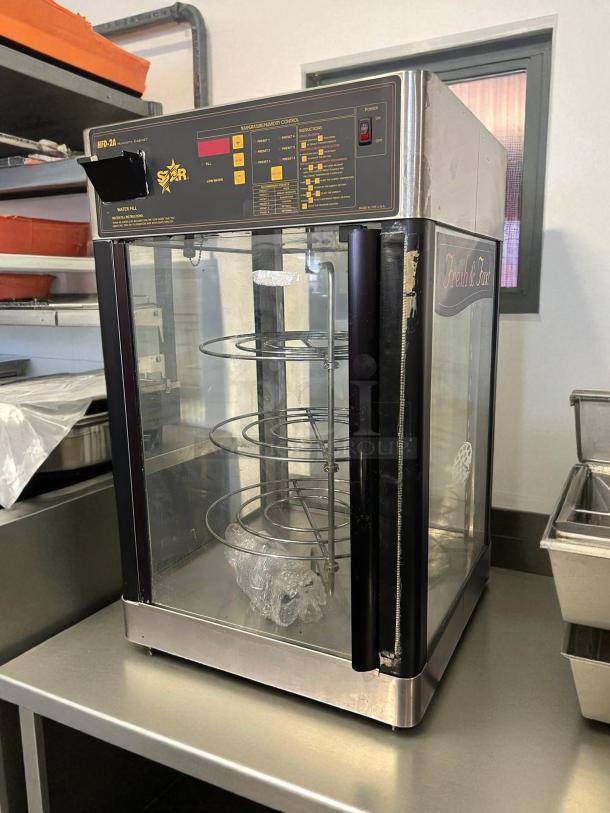 Star Mfg HFD-2A heated display case, 21" countertop model, glass doors, humidity control. Tested, working. Markings show controls.