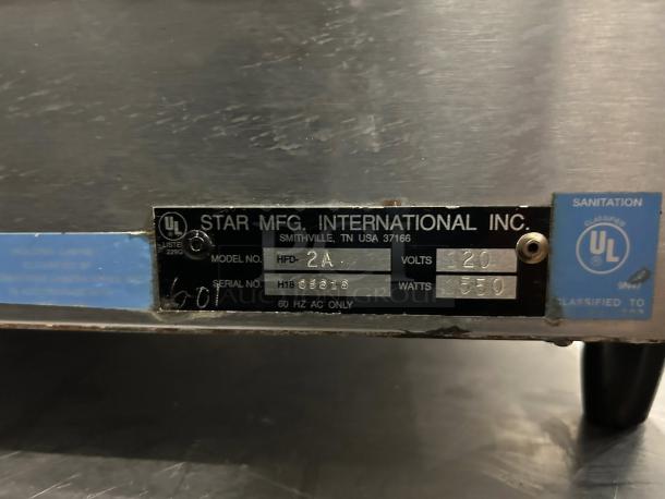 Star Mfg HFD-2A heated display case label, showing model, serial number, voltage, and wattage details.