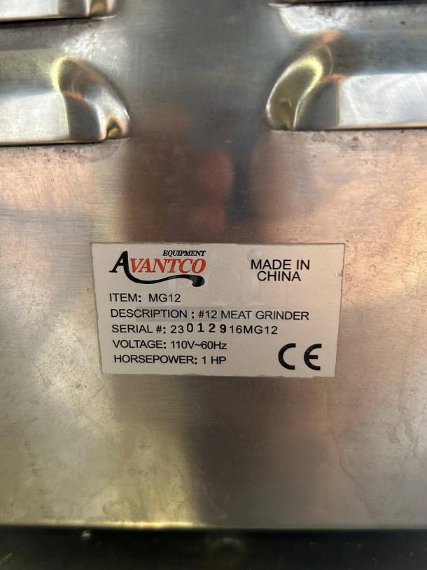 Avantco MG12R #12 Meat Grinder, 110V, 1 hp, tested, reverse setting, stainless steel, serial #23012916MG12, CE marked.
