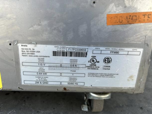 Anets FFM80 80 lb fryer filter, tested and working, 120v. Features visible UL and Intertek listings.