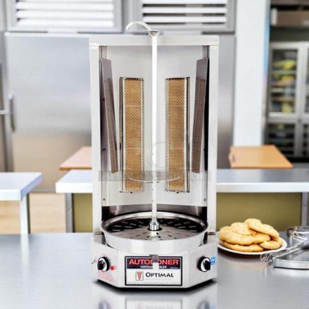 Optimal Autodoner 3PG 65 lb. gas gyro machine, stainless steel, tested and working, excellent condition, dual burners.