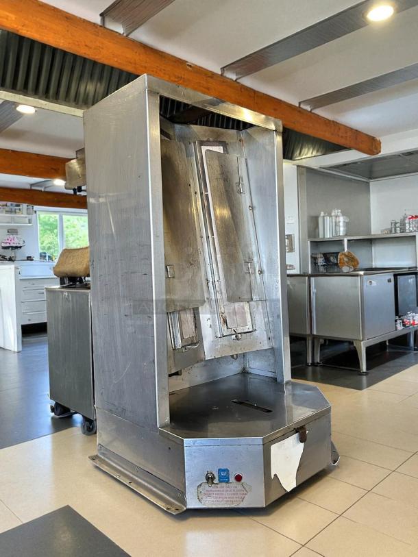 Optimal Autodoner 3PG gas gyro machine, 65 lb. capacity, stainless steel, tested and working, in good condition.
