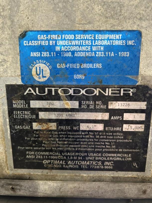 Optimal Autodoner 3PG gas gyro machine, 65 lb. capacity, tested and working, with UL certification label visible.