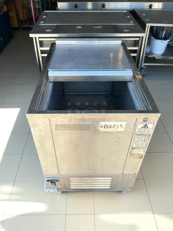 H & K International 34" stainless steel meat freezer, excellent condition, propane, 120v, 1ph, tested and working.