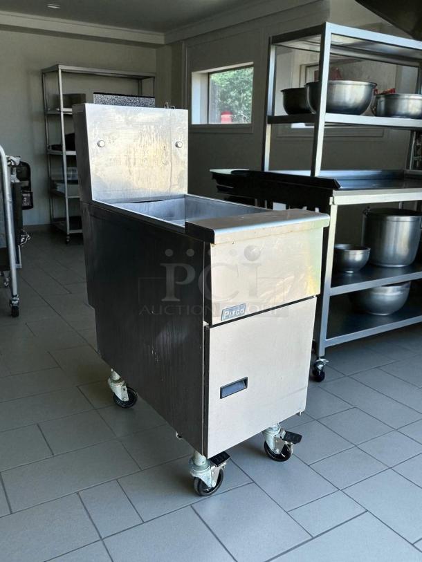 Pitco VF-35S gas fryer, 35 lb vat, excellent condition, floor model, natural gas, tested and working, on casters.