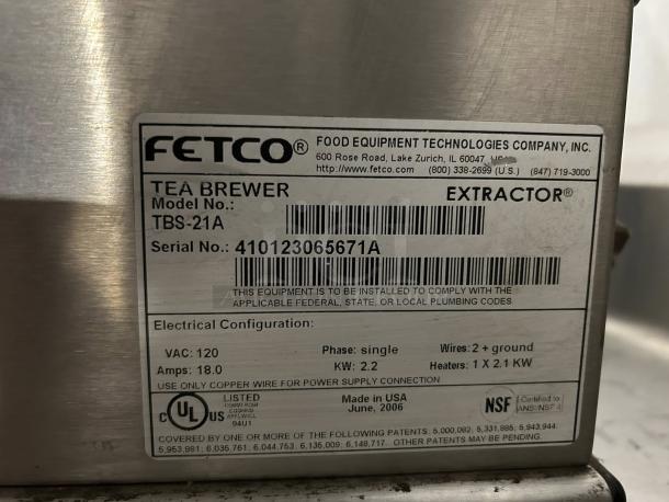 Great condition Fetco TBS-21A iced tea brewer. Model: TBS-21A. Serial: 410123065671A. Tested and working. 3.0-gallon capacity.