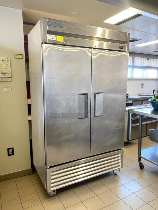 True T-43-HC reach-in refrigerator, 47" wide, two-section, stainless steel, left/right hinge solid doors, tested, and working.