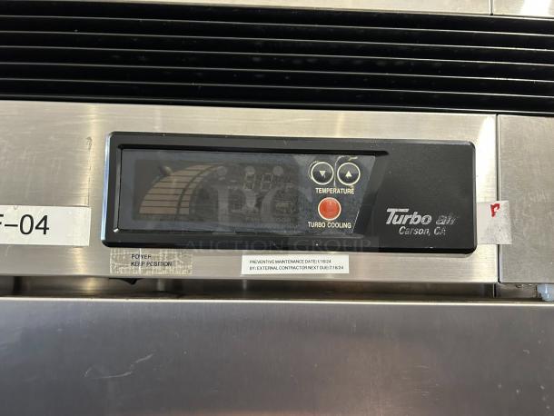 Turbo Air TSR-72SD-N refrigerator control panel, showing temperature settings. Label indicates maintenance due 1/16/24.