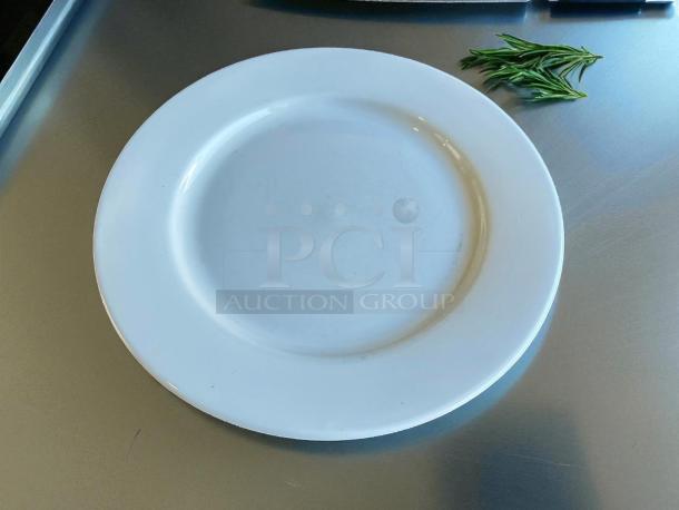 Tuxton 10 1/2” white dining plate in great condition; elegant design, durable, no visible flaws, ideal for classic table settings.