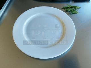 Tuxton 10 1/2” white dining plate in great condition; elegant design, durable, no visible flaws, ideal for classic table settings.