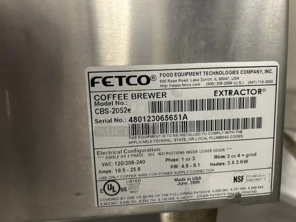 Fetco Extractor Series CBS-2042e E42016 twin 1-gallon coffee brewer, tested, stainless steel, UL and NSF certified, USA made.