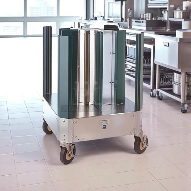 Cres Cor 501-D 23" mobile dish caddy with 4 columns, aluminum, tested and operational, in excellent condition.
