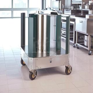 Cres Cor 501-D 23" mobile dish caddy with 4 columns, aluminum, tested and operational, in excellent condition.