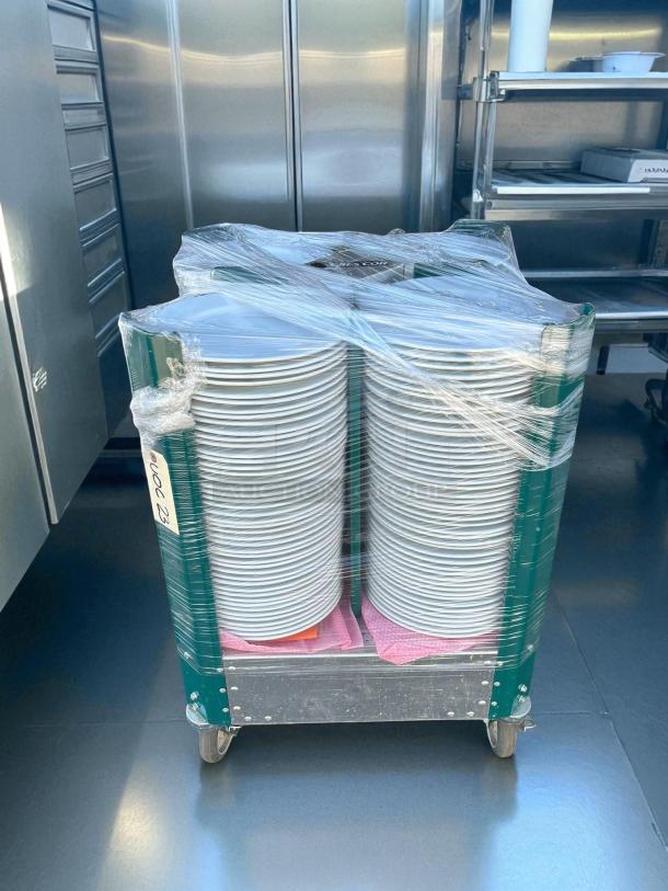 Cres Cor 501-D Mobile Dish Caddy with 4 columns, aluminum, stacked with white plates, wrapped, tested and working condition.
