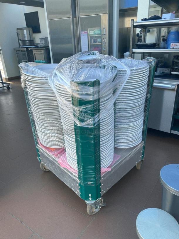 Cres Cor 501-D 23" mobile dish caddy with four columns, aluminum, wrapped dishes, on caster wheels, tested and working.