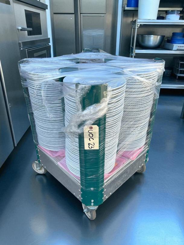 Cres Cor 501-D 23" Mobile Dish Caddy with four columns, wrapped in plastic, aluminum construction, tested and working.