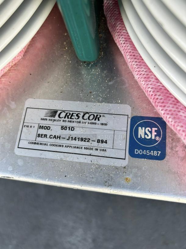 Cres Cor 501-D Mobile Dish Caddy with label, NSF certified, Model 501-D, aluminum, four columns, tested and working.