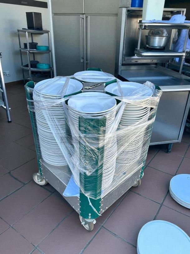 Cres Cor 501-D mobile dish caddy with 4 columns, aluminum, 23", on wheels, excellent condition, dishes not included.