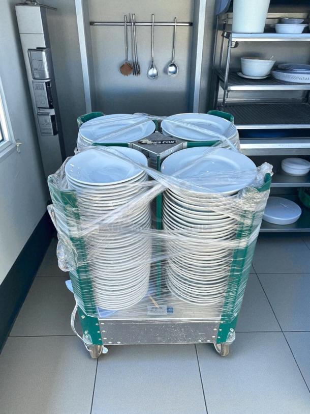 Cres Cor 501-D 23" Mobile Dish Caddy with four columns, aluminum, excellent condition, dishes not included.