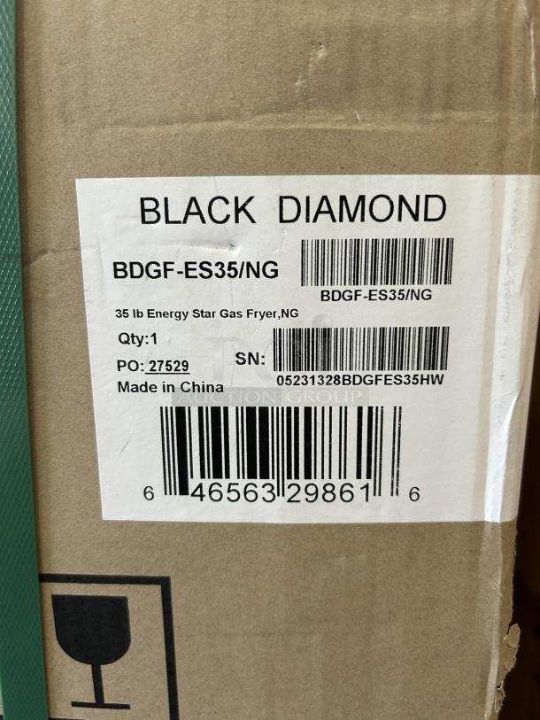Brand New Black Diamond BDGF-ES35/NG Gas Fryer label, 35 lb capacity, Energy Star, natural gas, tested, made in China.