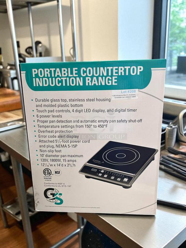 Portable countertop induction range in excellent condition, by Global Solutions, Model GS168, 120v, 1 burner, tested and working.