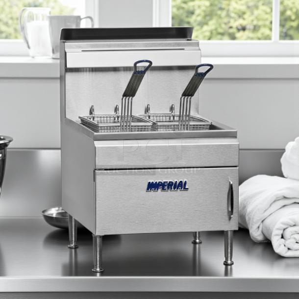 Imperial Range IFST-25 natural gas countertop fryer, excellent condition, twin baskets, stainless steel, 25 lb capacity.
