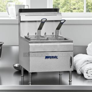 Imperial Range IFST-25 natural gas countertop fryer, excellent condition, twin baskets, stainless steel, 25 lb capacity.