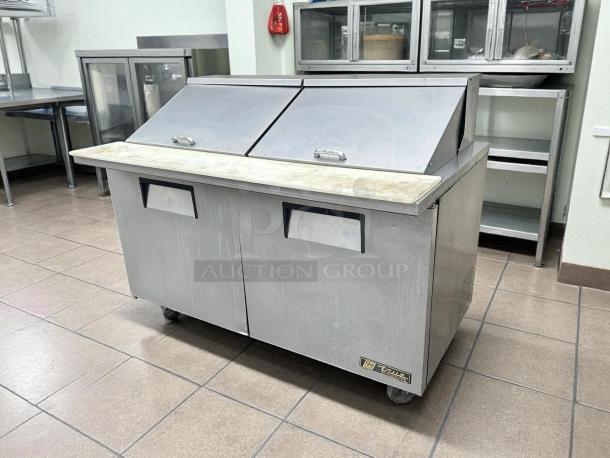 True TSSU-60-24M-B-ST-HC refrigerated prep table, excellent condition, 2-door, 60 3/8", stainless steel, mega top, tested.