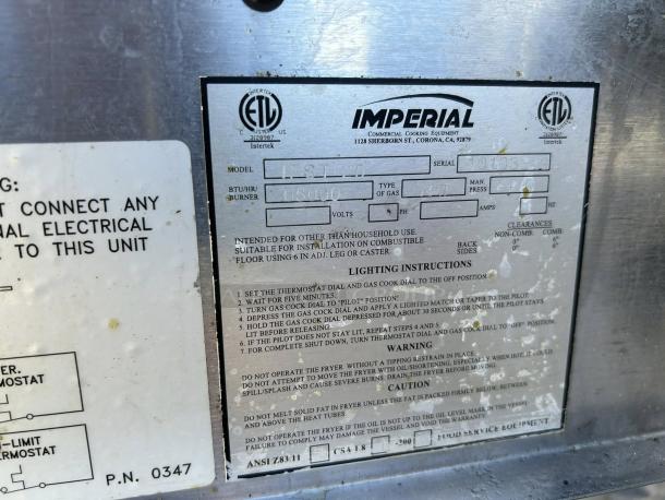 Imperial Range IFST-25 fryer label showing model information and lighting instructions, in excellent condition.