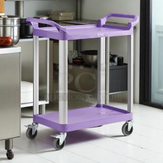 Brand new Choice purple utility cart with two shelves, durable wheels, and ergonomic handles. Ideal for bussing or transport.