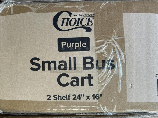 Brand new Choice purple utility cart, 2 shelves, 24"x16", packaging labeled "Small Bus Cart," ideal for business use.