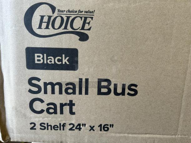 Choice black utility cart packaging, labeled "Small Bus Cart, 2 Shelf 24" x 16"." Brand new condition.