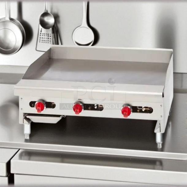 Brand new American Range ARTG-136 36" gas griddle, 3 burners, stainless steel, countertop model, pristine condition.