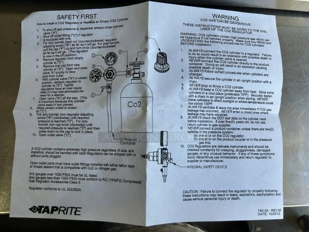 Taprite Single Gauge CO2 Primary Regulator instructions, model REGCO2-SG. Safety and usage details visible, dated 10/2012.