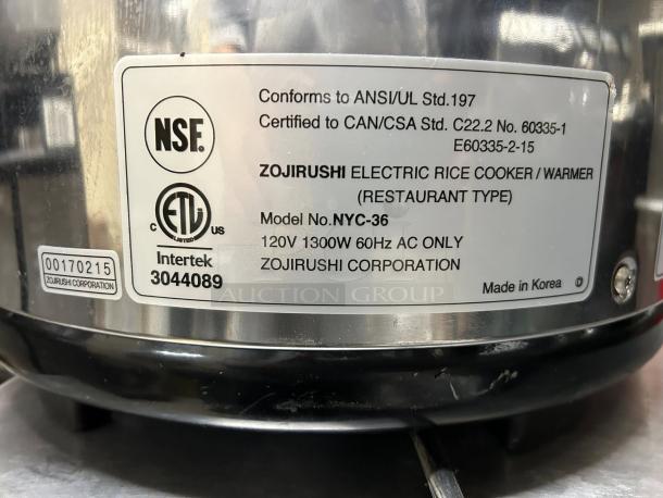Zojirushi NYC-36 20 cup Electric Rice Cooker & Warmer, stainless steel, tested, 120V, 1300W, made in Korea, NSF certified.