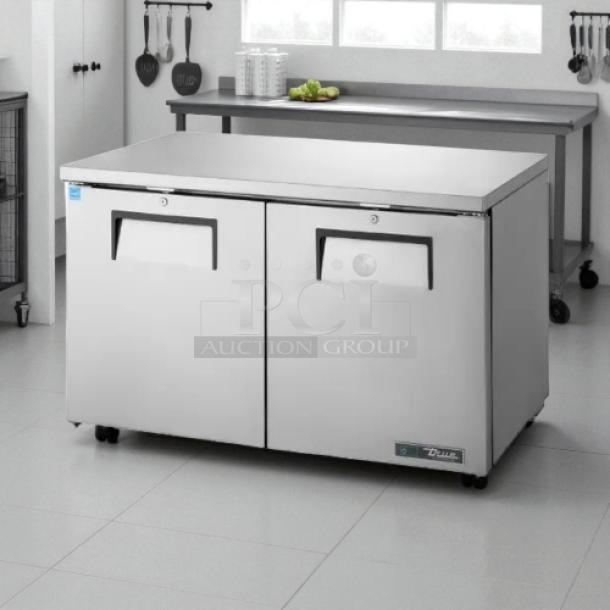 True TUC-48-C-HC undercounter refrigerator, like-new condition, stainless steel, 2 doors, 48", energy-efficient model.