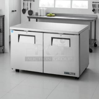 True TUC-48-C-HC undercounter refrigerator, like-new condition, stainless steel, 2 doors, 48", energy-efficient model.