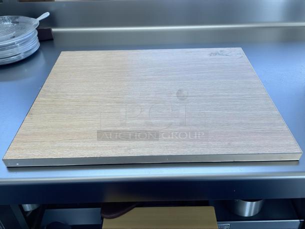 30" x 24" wooden table top, outdoor, 1" thick, excellent condition, light wood finish, smooth surface.