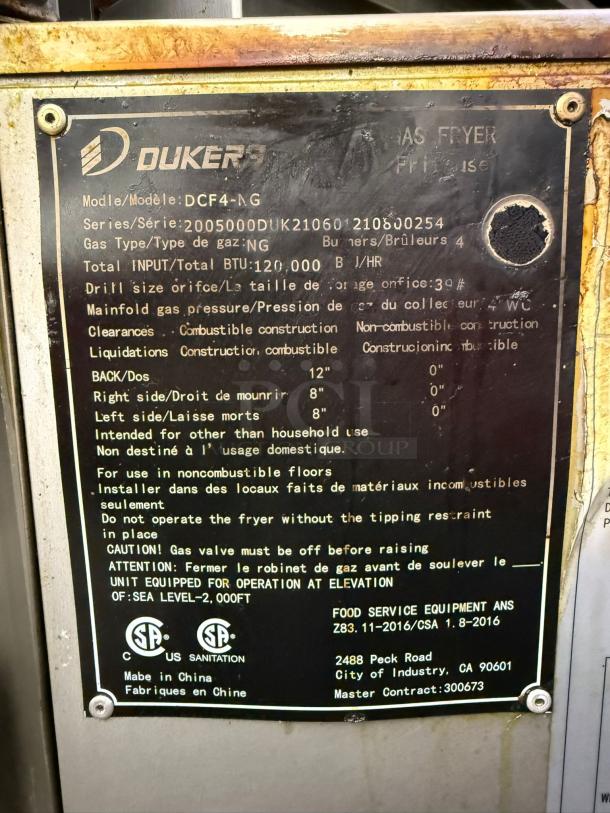 Dukers DCF4-NG 50 lb. Natural Gas Fryer, 120,000 BTU, commercial model, visible specs: model, series, gas type, safety warnings.