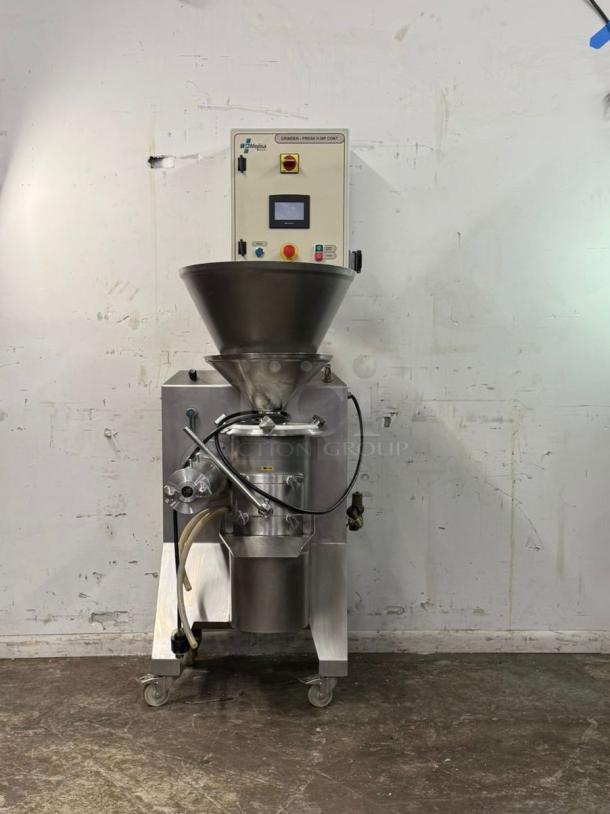 Industrial Mejisa H-MP CONT nut milk machine by BORRELL, automated grinder & press, produces 300L/hr. Model: H-MP-CONT.